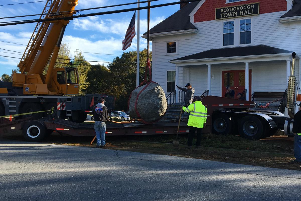 Monument Being Moved in Front of the Boxborough Town Hall